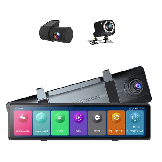 Touchscreen, BT Clear 2.5K Auto Recording - Cam: Moment on Capture - 12in Rearview Driving Dash the Mirror Video 3 Recorder Connectivity, Road Every Cameras,