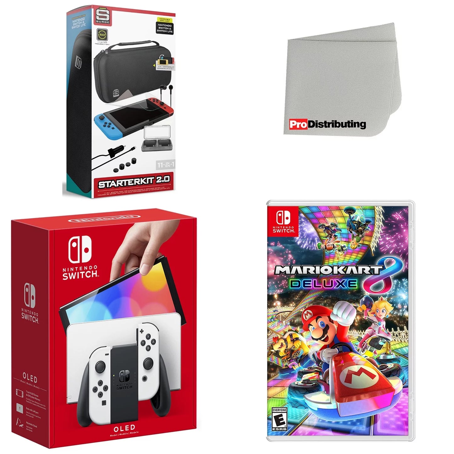 Deluxe, and Accessory 8 Kit Screen White Kart Starter Bundle Cleaning Console Nintendo Switch OLED Mario with Cloth