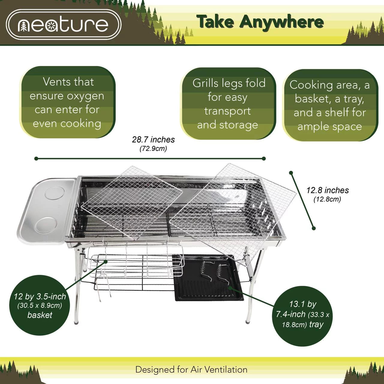 Portable Tall Grill Neature Grill for - BBQ Foldable Camping 26.8in Charcoal