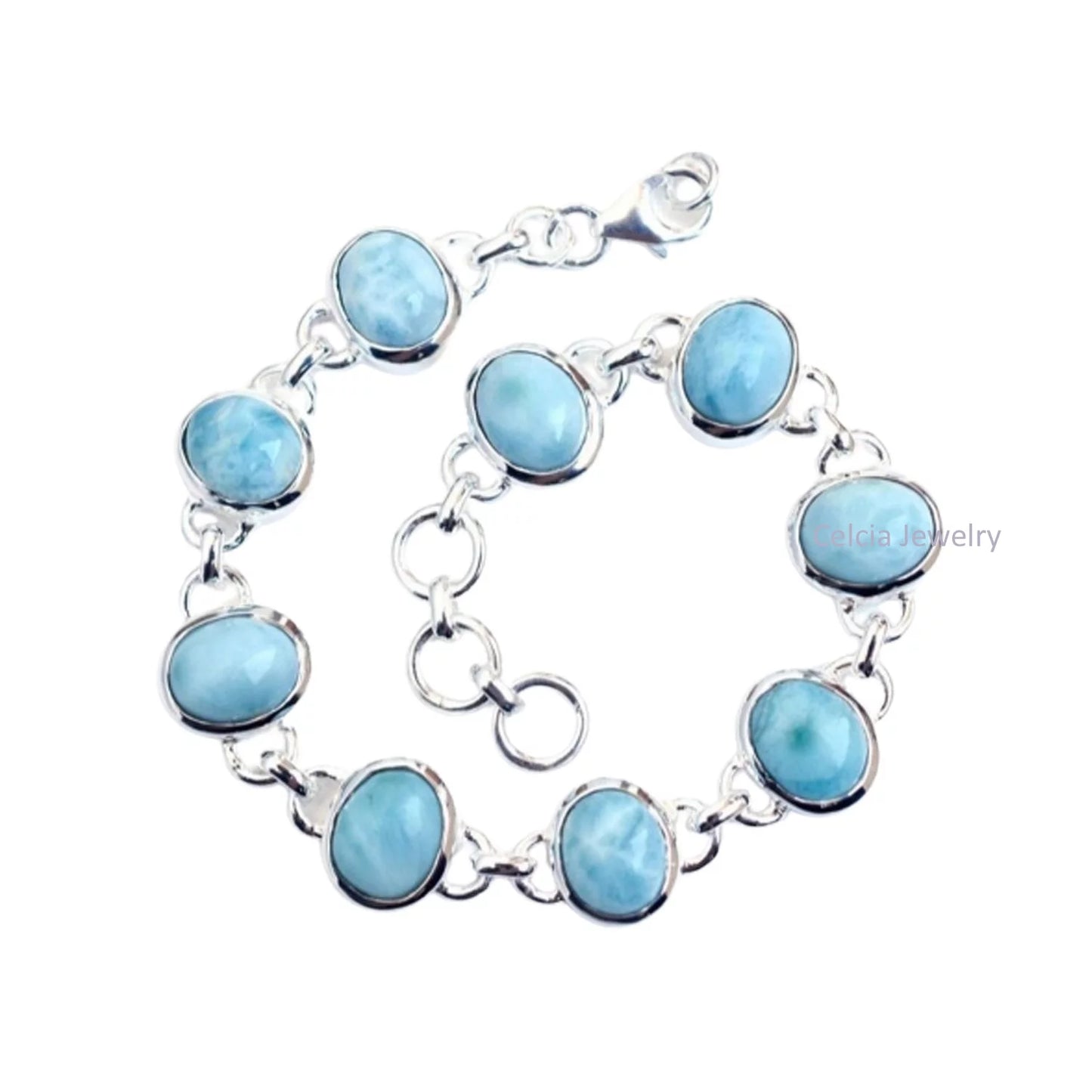 Blue Bracelet Gemstone Genuine Bracelet Handcrafted Sterling Multiple Solid Unique Men For Silver For Him 925 Larimar Her Women, Oval