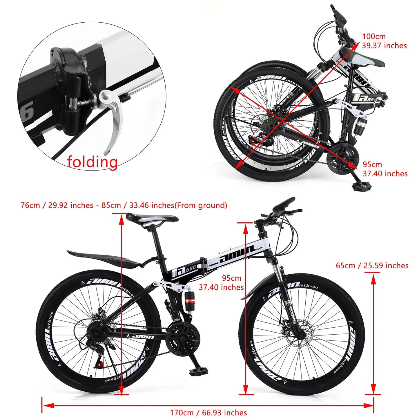 Suspension MTB Folding Mountain 26" Bicycle Bicycle Bike Foldable Adult Speed 26" 21 Unisex Suspension Bike Mountain Full Unisex 21 Folding Speed MTB Full