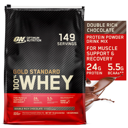 Double Optimum Standard Whey lb, Rich 10 Powder, 149 Gold Servings 100% Nutrition, Chocolate, Protein