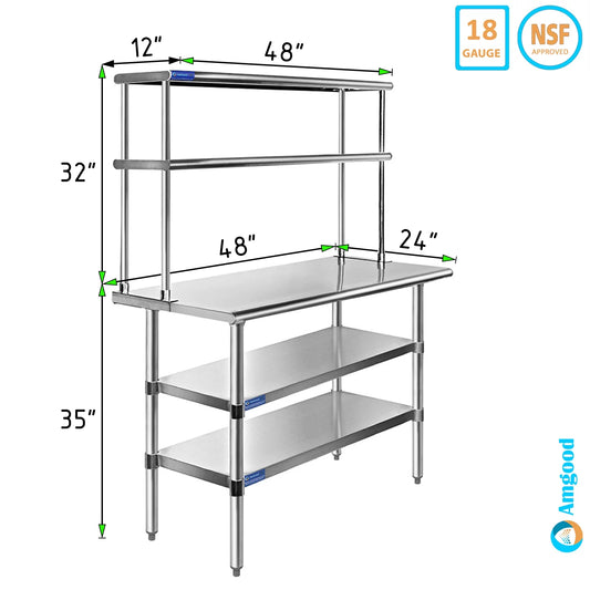 12" | Work Double Wide x Combo Metal | Prep Overshelf & Table Table Tier Shelves 24" Steel Stainless Shelving Two Kitchen 48" With