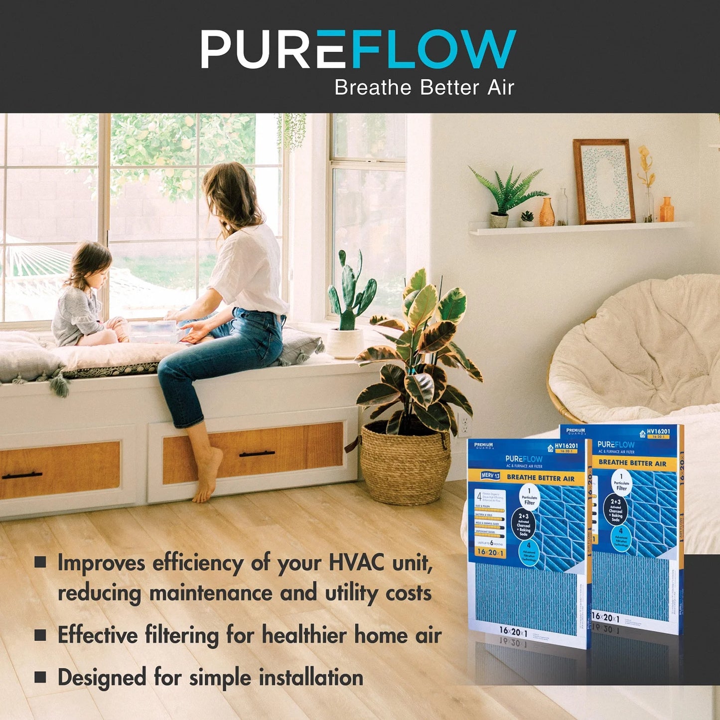 Layers 4 with 16x25x1, Furnace Filtration Filter Home Advanced Technology, PureFlow, MERV-13 of Pack-of-2 Air