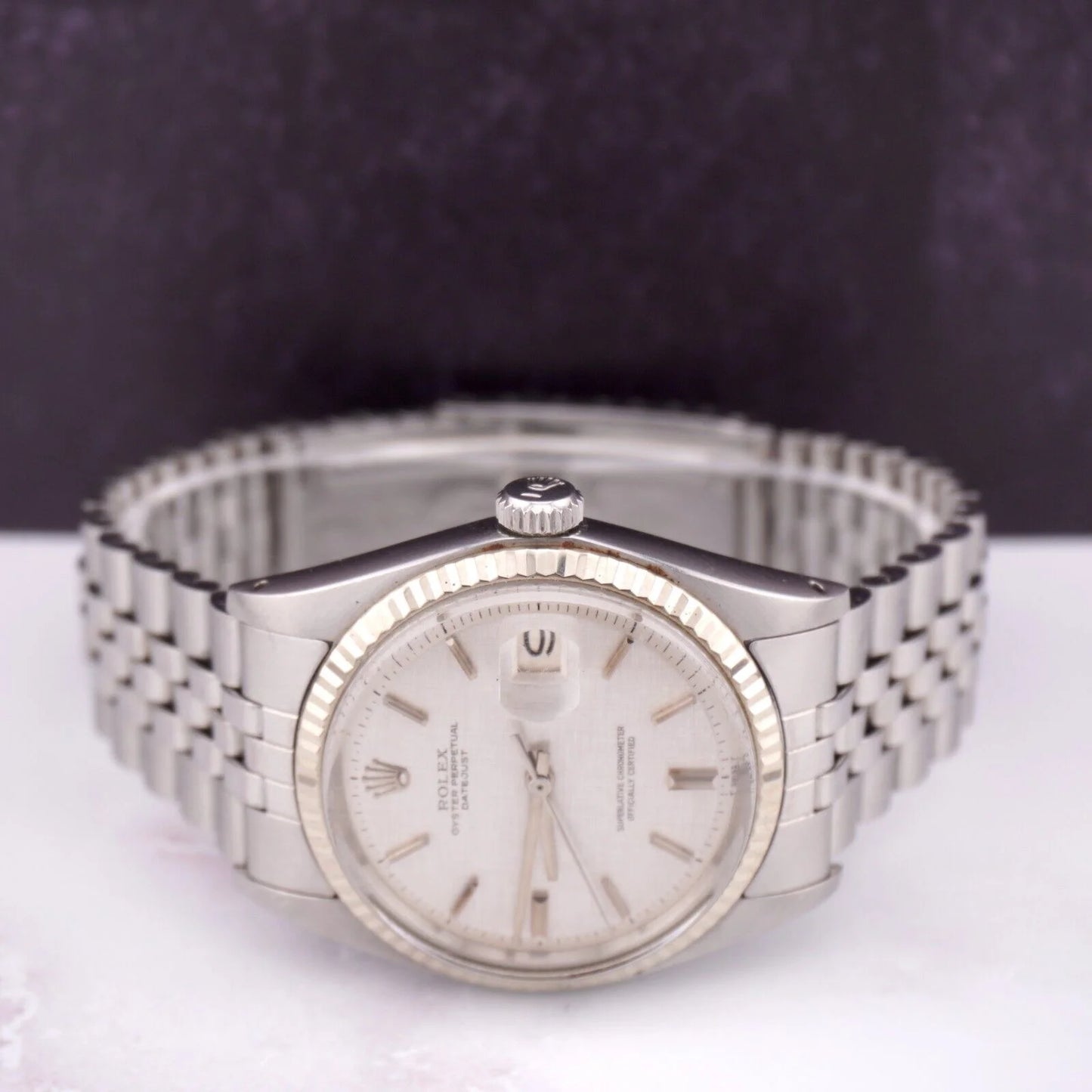 Band Jubilee Steel Rolex Datejust Watch Linen 1601 Mens Silver Dial 36mm