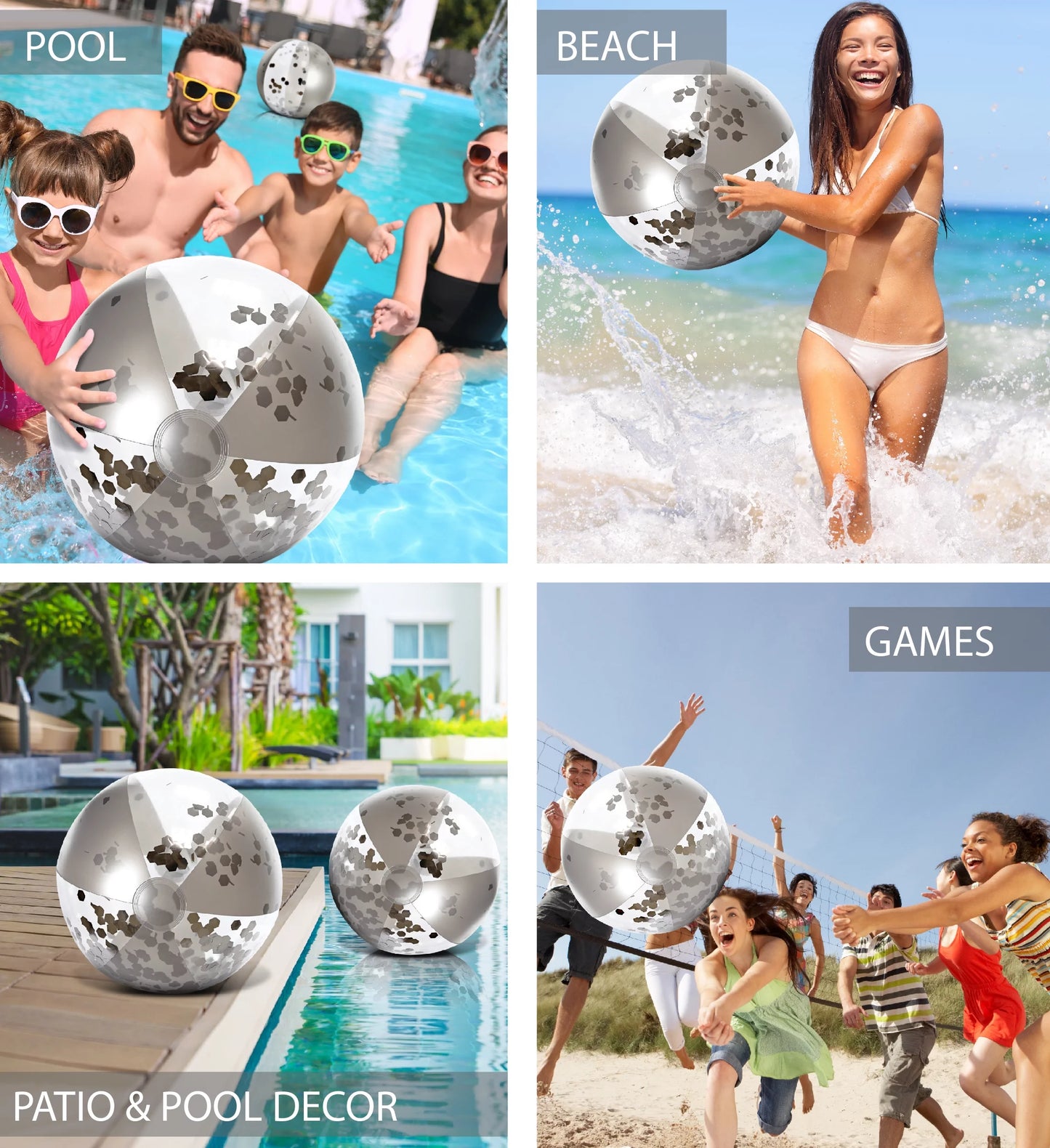 Premium Mozlly Size Pool 4 Water Fun Lake, Vacation, Silver Inch, Inflatable for Balls Heavy Confetti Pool Balls, - Set Beach, & Gold Party, 16 Pack Decor Bundle 4 of of Duty Beach Float - Toys