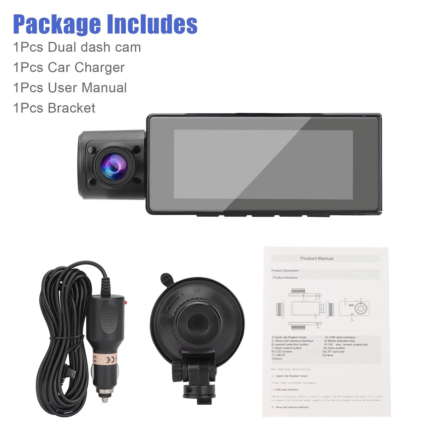 170° for Front 3.16inch Angle WDR 1080P Inside Camera Vision, Dual Loop Monitor, Recording, Screen, Wide Camera TSV Cam, with Recorder G-Sensor, Dash Cars, Driving Night Parking