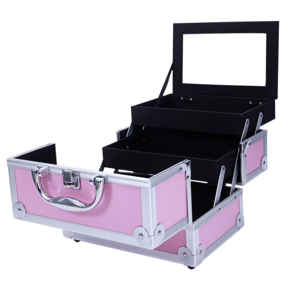 Silver Makeup Zimtown Jewelry Storage Portable Pink Bag Mirror Train with Aluminum Lock Case Box Case