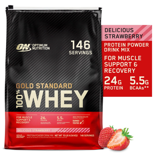 10 lb, Delicious Whey Nutrition, 100% Strawberry, 146 Powder, Standard Servings Optimum Gold Protein