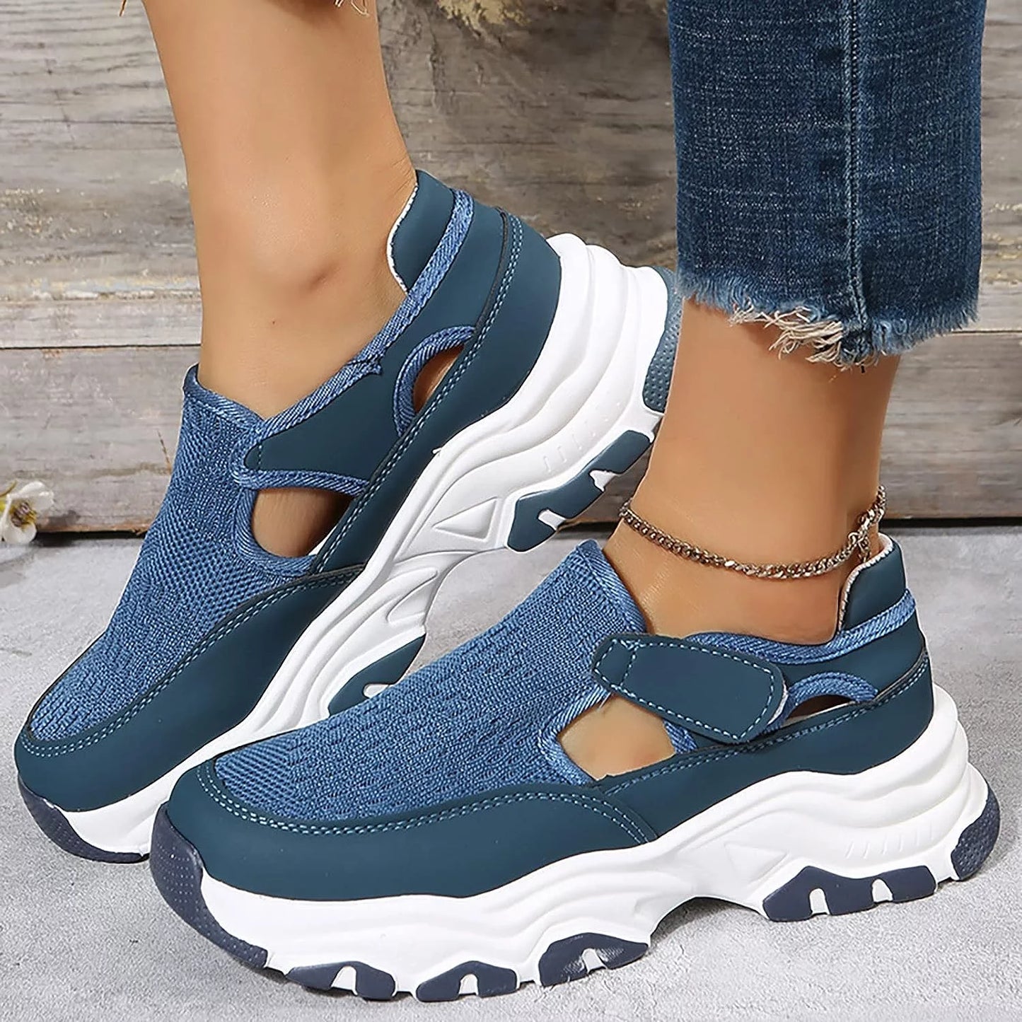 Wedges Color Toe Non Slip Loop Mesh Flat Breathable Seasons Shoes Round Women Women's Solid Hook Four