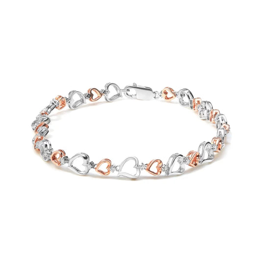 Womens Color, 7" Haus Silver cut .925 Round Inches Clarity) Brilliance of Rose I2-I3 Diamond Size (I-J Claw - Bracelet Gold 14K 1/4 Link Clasp Plated Cttw Heart Sterling Lobster