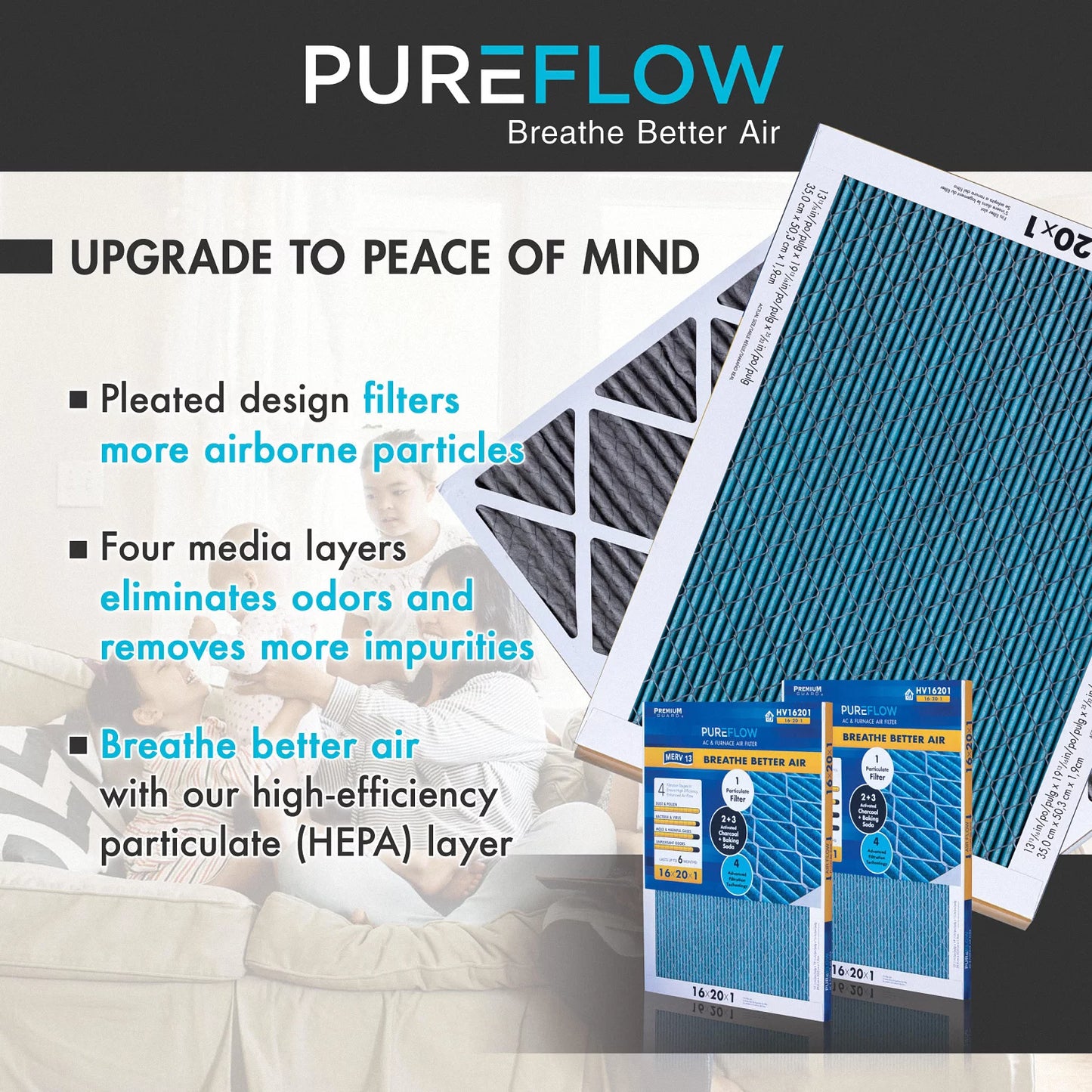 Layers 4 with 16x25x1, Furnace Filtration Filter Home Advanced Technology, PureFlow, MERV-13 of Pack-of-2 Air