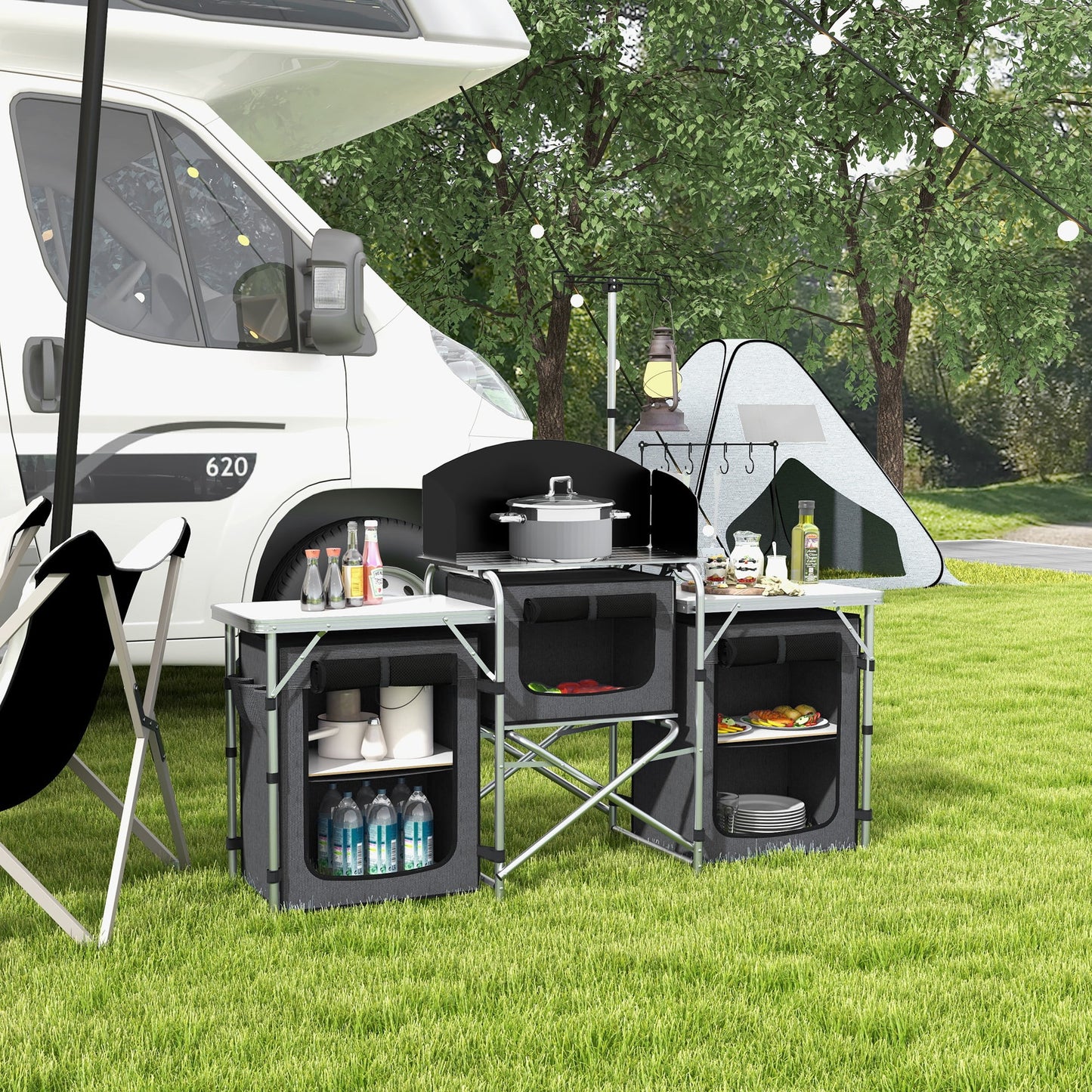 Outsunny Fabric Kitchen Folding Windshield with Cupboards Black Camping