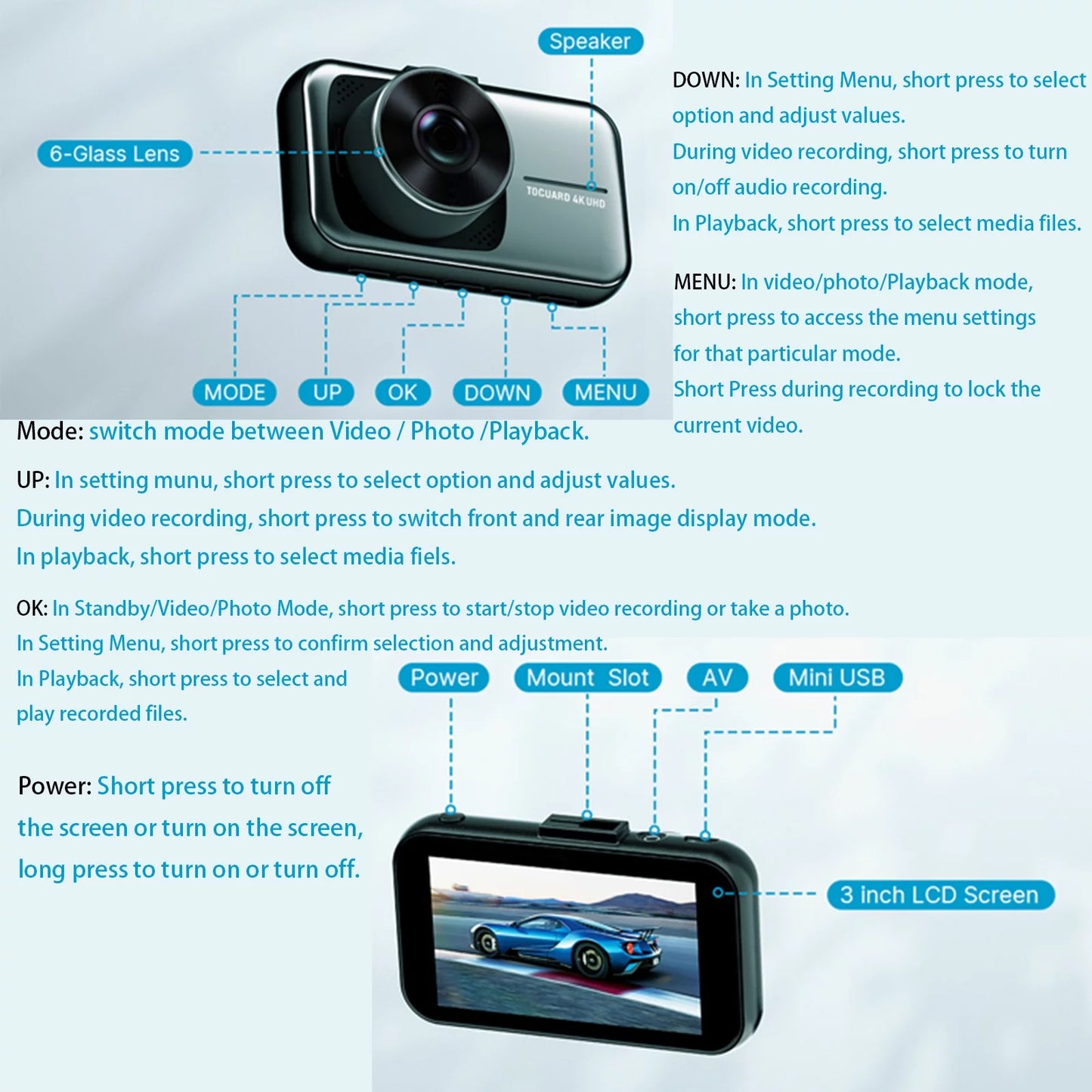 Cam Rear Cars, Support and Dual 256GB 4K+1080P 3" Dash Cam Front Camera with Dash Monitor, Car Dash Parking for