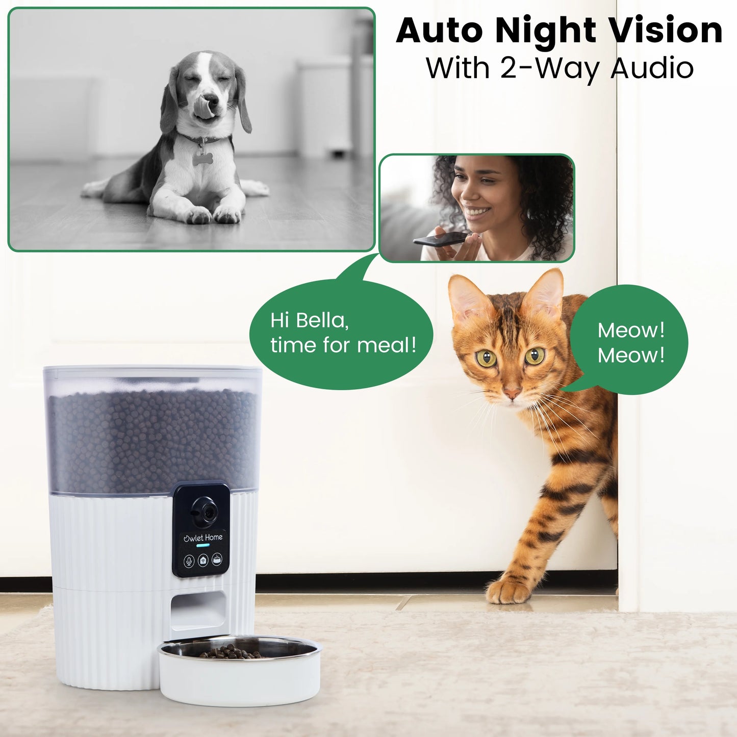 Night Fee Live 1080P Smart Alexa No Alert, Feeder 2-Way Monthly with Home for Camera Automatic & Motion Assistant, Works Owlet HD Cats Audio, Dogs Pet (3.5L), Video, with Vision, Auto Google WiFi, &