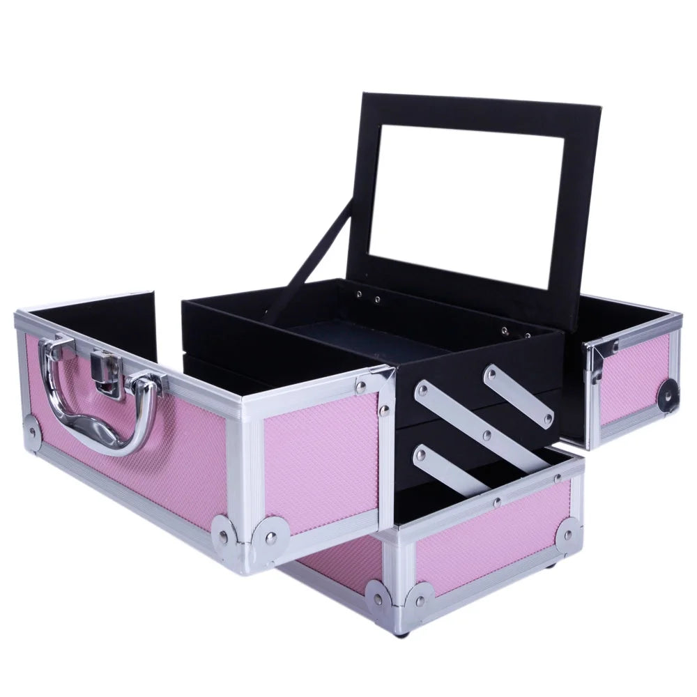 Silver Makeup Zimtown Jewelry Storage Portable Pink Bag Mirror Train with Aluminum Lock Case Box Case