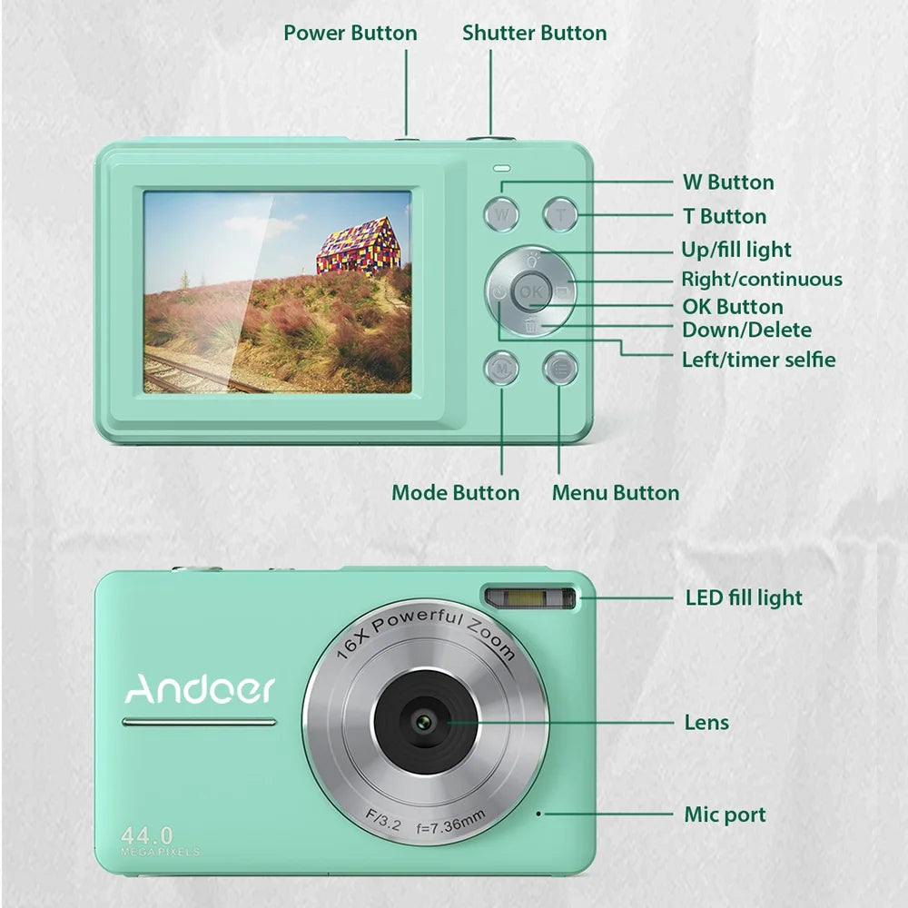 Memory Detect Auto Christmas Screen 2pcs Camcorder Video Digital Digital IPS 16X Andoer Capture 2.5 -shake Portable 32GB Smile with Gift Zoom 1080P for Batteries Teens Face Focus 44MP