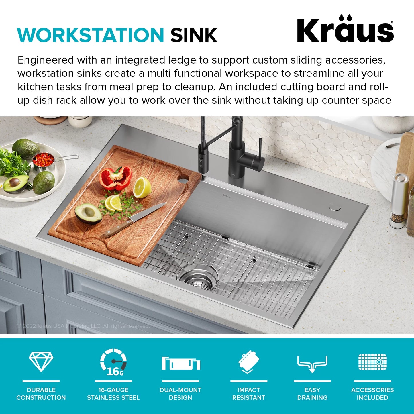 with Undermount Sink Accessories Single Drop-In / Stainless Gauge Bowl Steel in. Kore Kitchen Workstation16 33 Kraus