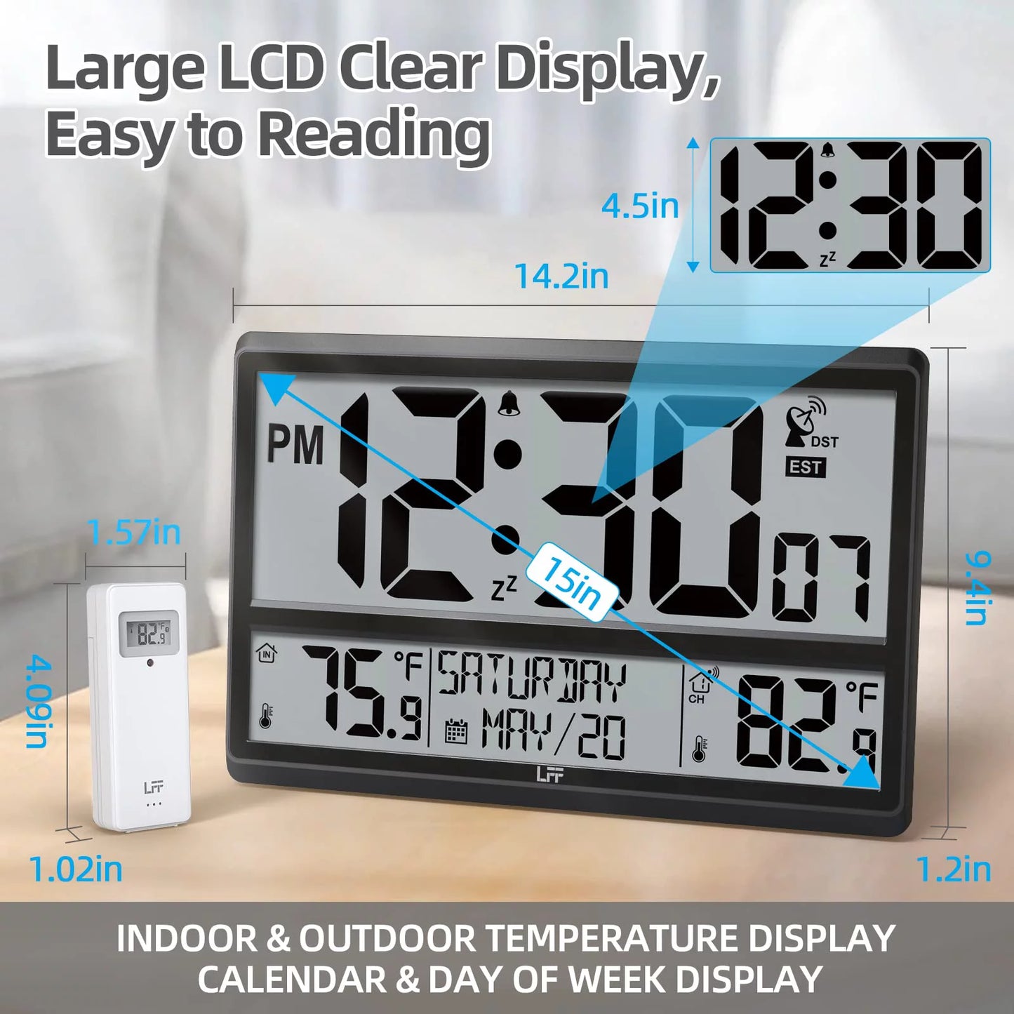 Clock Temperature, LFF with Clock Clock Atomic Operated, Outdoor Needs Atomic Indoor 15" Wireless Digital 4.5" Outdoor with / Large Never Wall Battery Wall Numbers / Setting, Sensor Easy-to-Read,