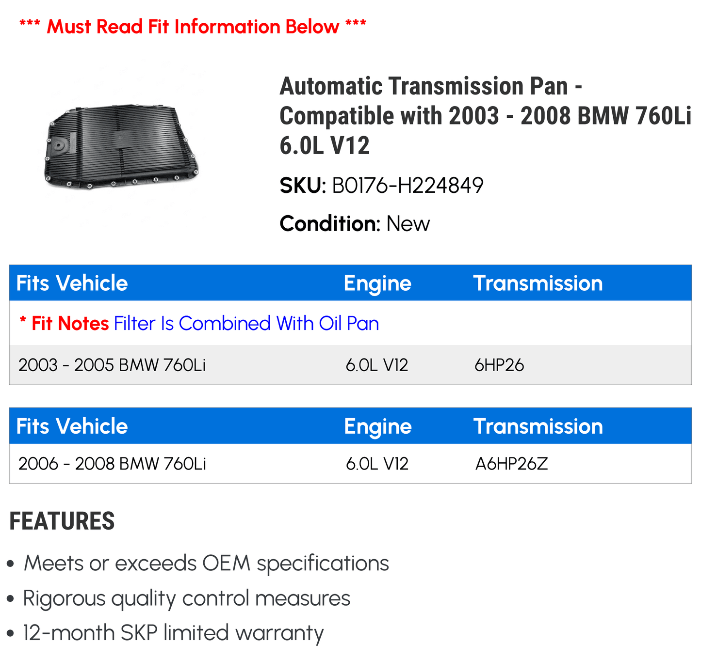 BMW 2008 Automatic 2006 - Compatible 2005 with 2007 Transmission 760Li Pan 2004 2003 6.0L V12 -