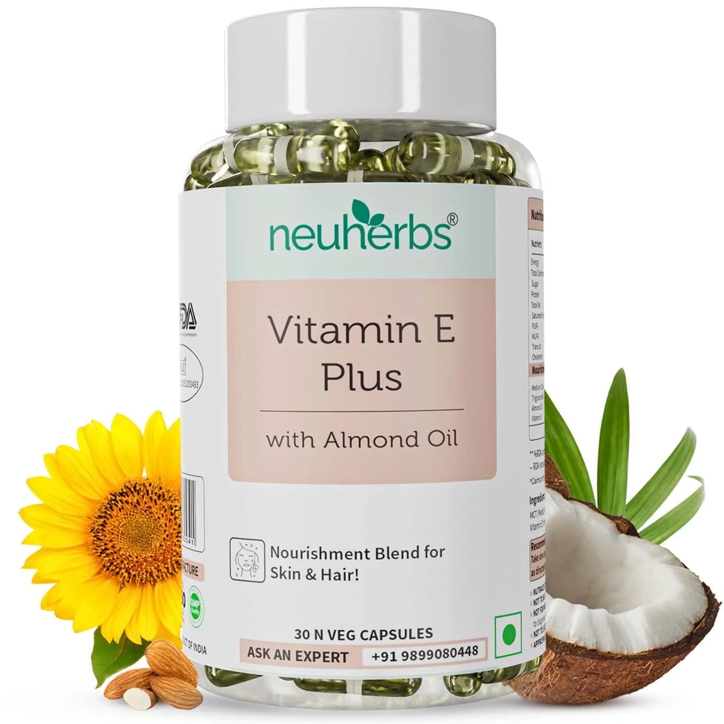 Vitamin Oil E From & Face, Skin Hair) Veg Sunflower Plus Natural (With - Plant Better Neuherbs Oil Based For Almond Capsules 30