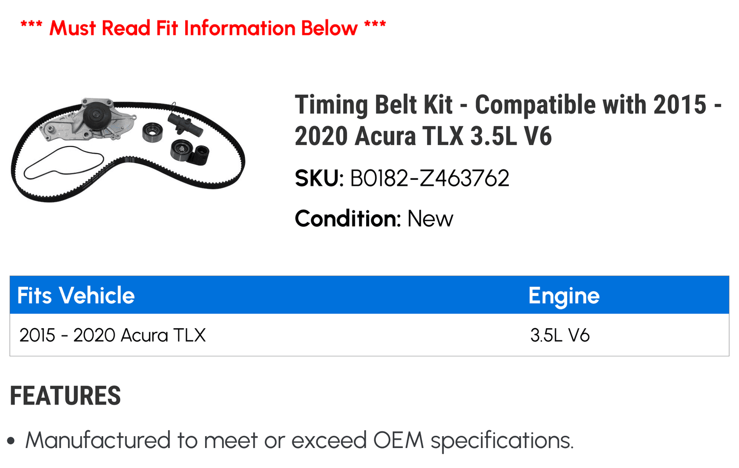 Compatible Belt 2015 Timing 2018 3.5L - 2019 - 2017 with TLX 2016 2020 Kit V6 Acura