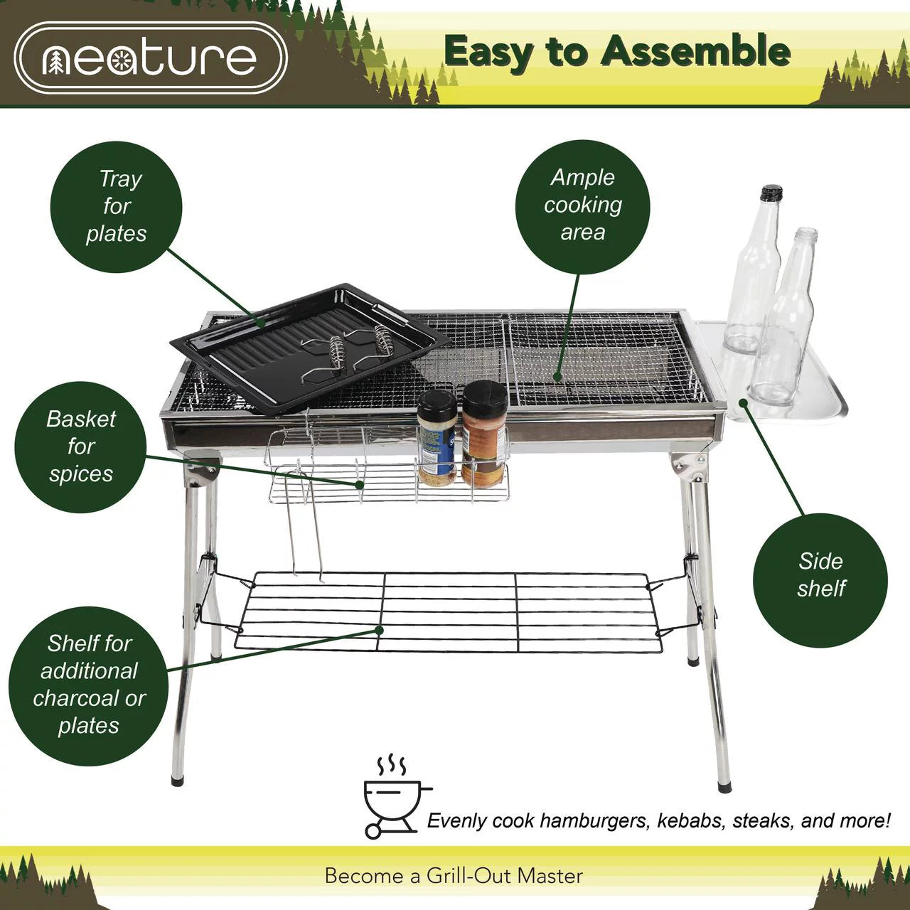 Portable Tall Grill Neature Grill for - BBQ Foldable Camping 26.8in Charcoal