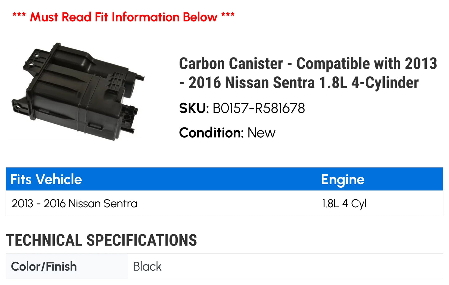 Sentra Canister 4-Cylinder 2014 with 2016 2015 - - 1.8L Nissan Carbon Compatible 2013