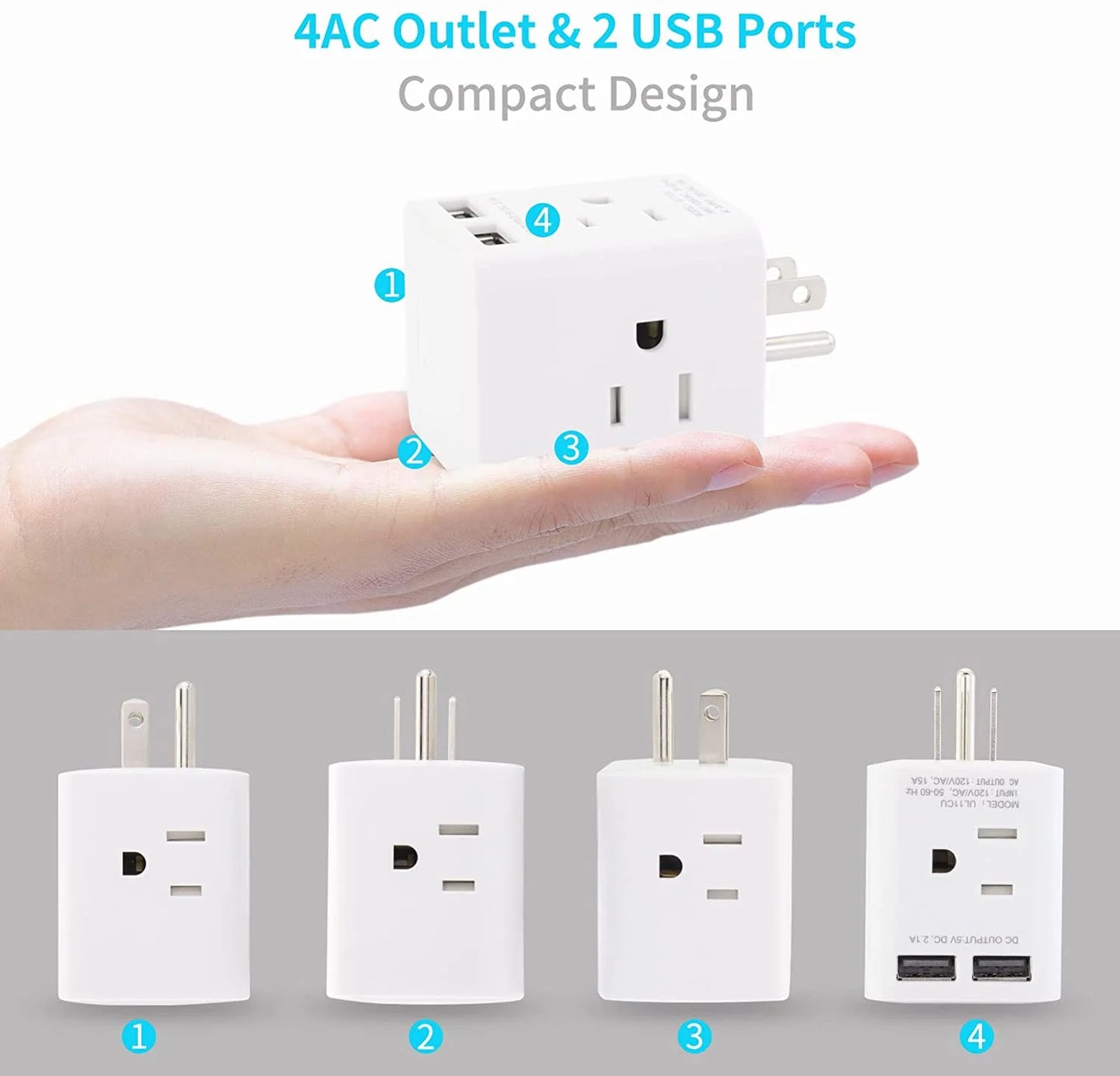 Multi Ship and Right Travel,White 3 Office Outlet Spaced USB USA 2 Wide Wall Plug Cruise Home Prong Angle Adapter 4 Plug with Charger Adapter Sockets, Wonplug Extender AC Cube for Splitter