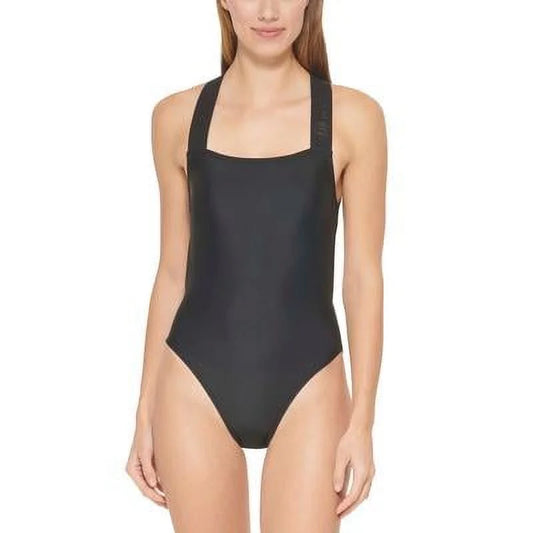 Medium One-Piece Swimsuit, BLACK Cross-Back Logo DKNY US