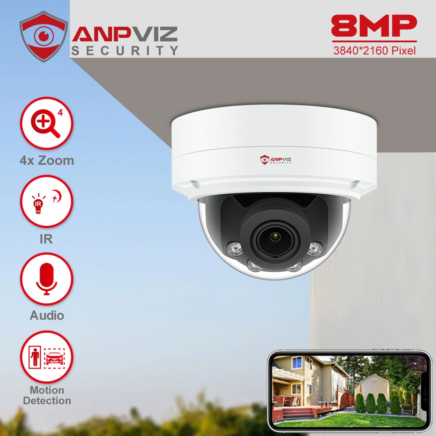 Built Camera H.265 30m Camera ANPVIZ IP 4X Human IP66 Vehicle Detection 8MP Mic Distance IR Zoom in Support