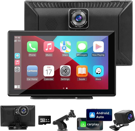 THONZER Navigation HD Stereo Backup Screen, Android 9" Wireless with Carplay Unit, Bluetooth, 2.5K Head GPS Dash Loop Receiver Car Cam Portable Radio Car IPS Auto, 1080p Recording, Camera, -