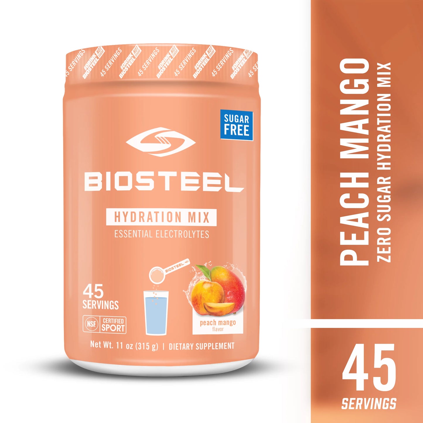 5 with Essential Hydration Sugar Flavor, Tub Mango Servings Electrolytes, Great Zero 45 per Mix, BioSteel Hydration Tasting Peach