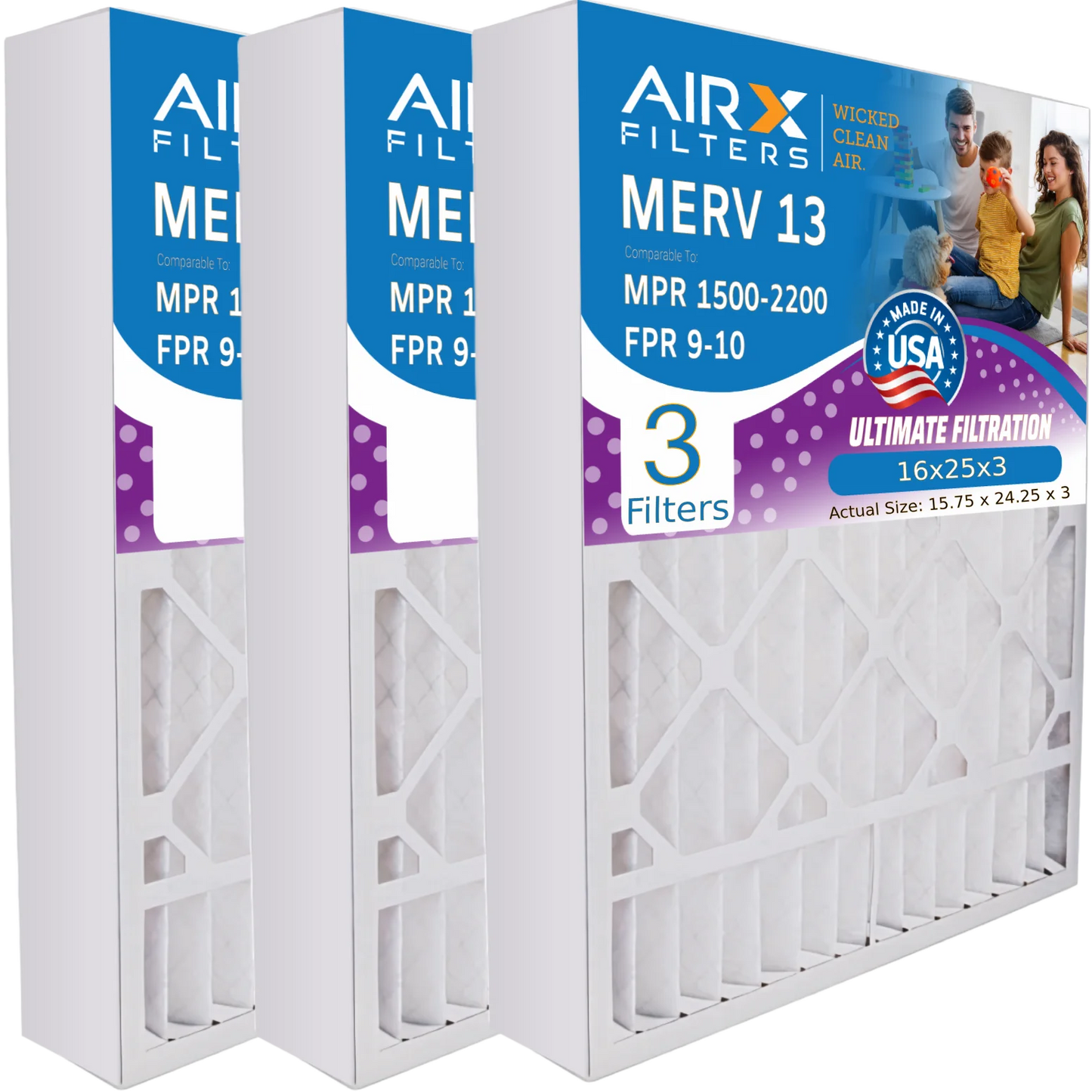 Filter FILTERS Air CLEAN to 255649-101 - 16x25x3 Furnace Filter 3 Premium with Compatible 13 Pack AIRX 16x25x3 MERV FPR by Air 9 AIR. MPR WICKED Bear USA 2200 1500 & Made Comparable