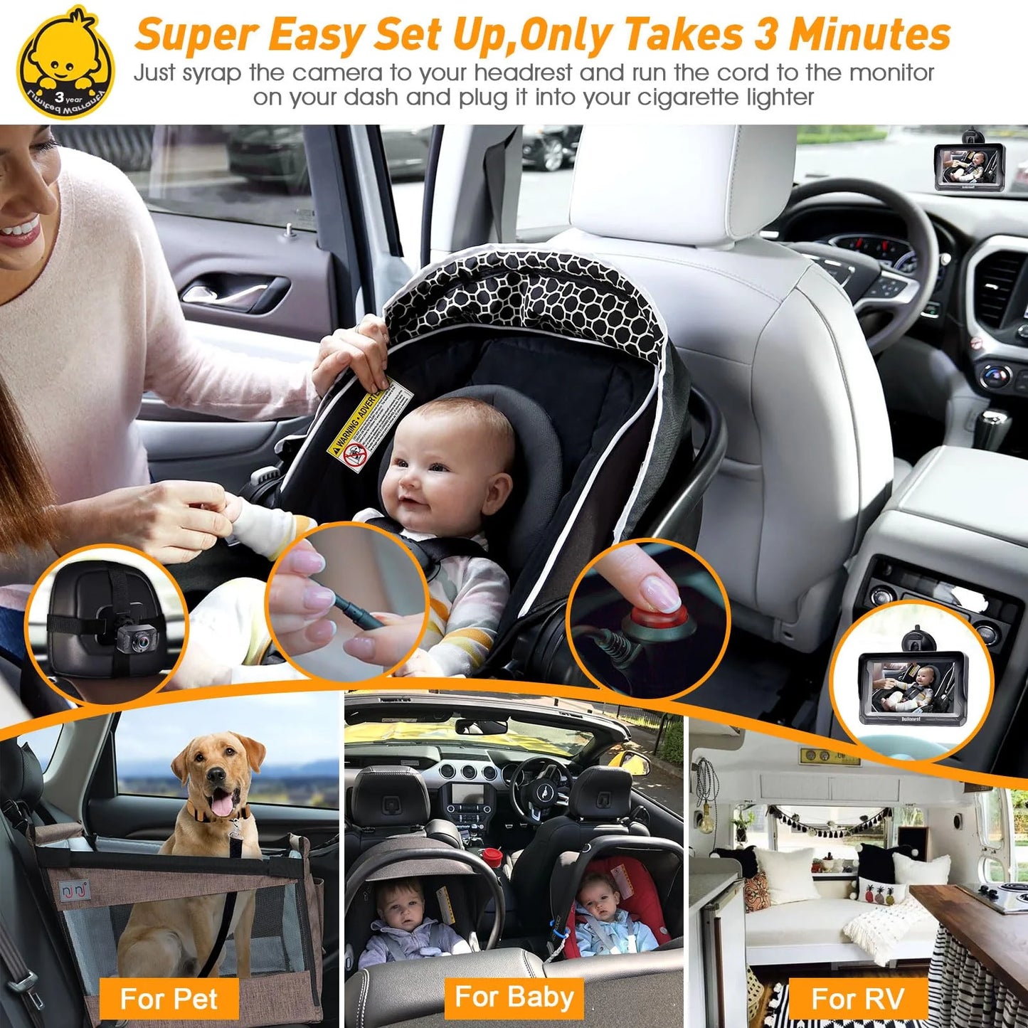 Backseat Play Install DoHonest Kids 1080P: Monitor -V33 3 Baby Easy Vision Car Camera HD Plug Rotating with Facing Two Car Camera Rear Camera 360&deg; Night Baby and Mins Crystal