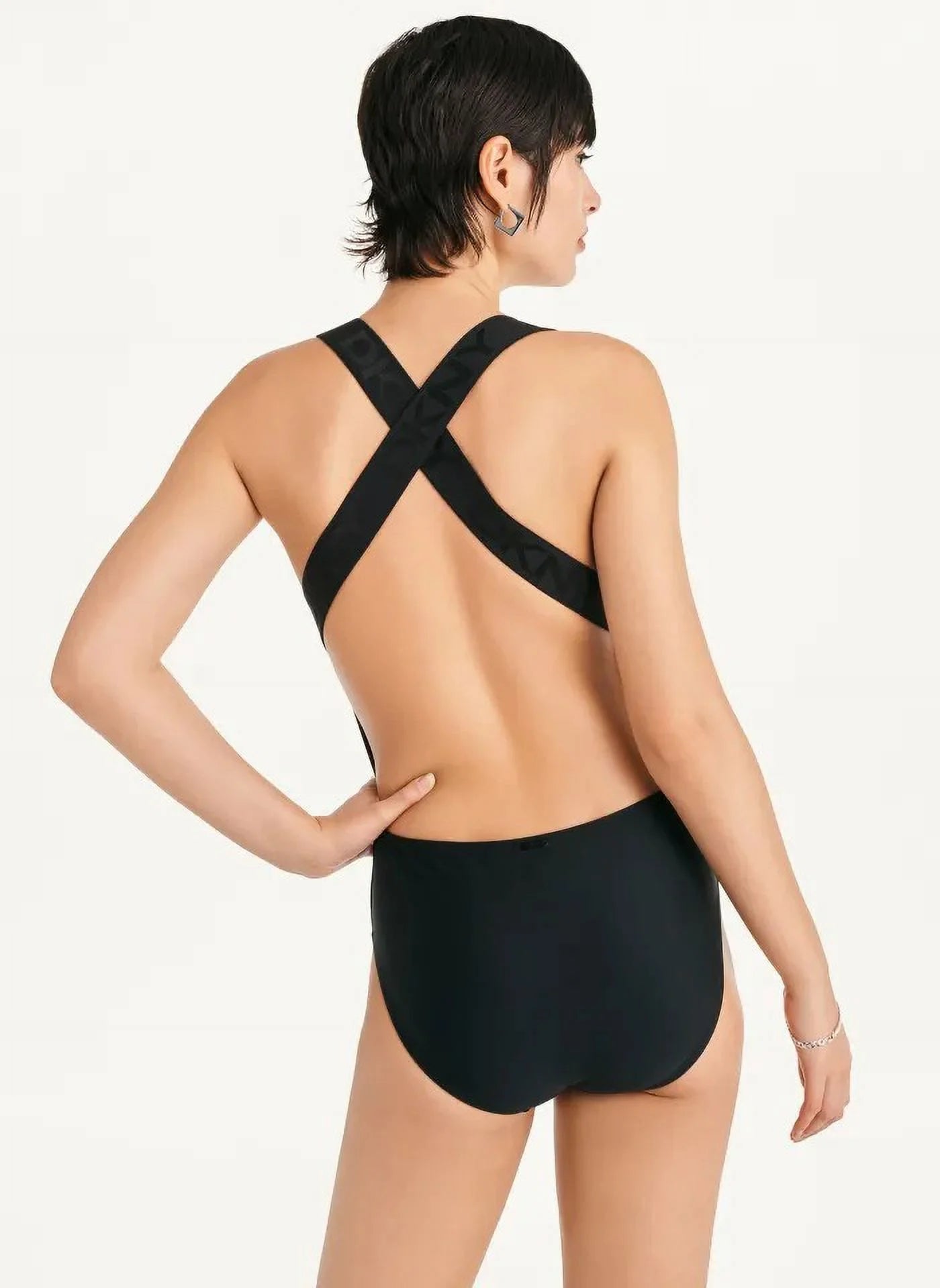 Medium One-Piece Swimsuit, BLACK Cross-Back Logo DKNY US