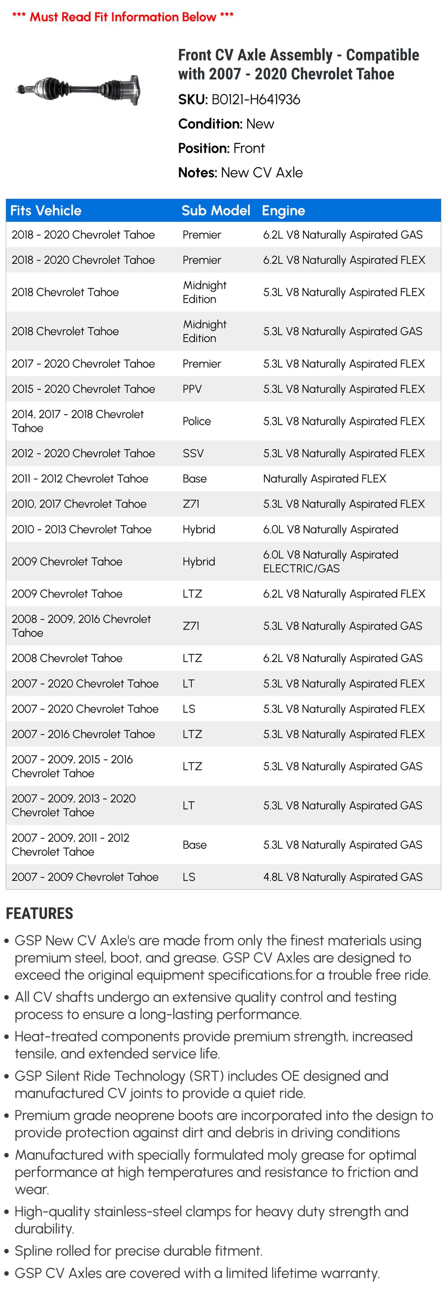 with 2020 - 2018 2014 2016 Front 2017 CV 2019 Compatible 2012 Axle 2007 Chevy 2010 - Tahoe 2008 2013 Assembly 2009 2015 2011