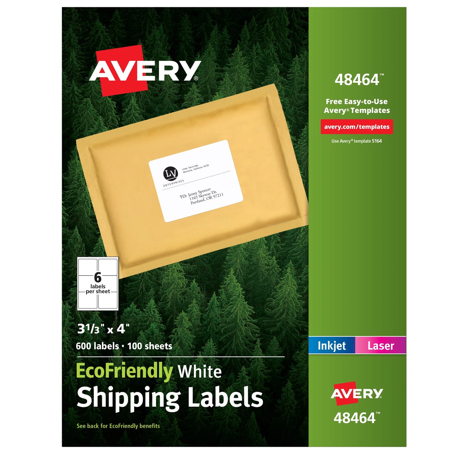 x Adhesive, 600 4", (48464) Avery 3-1/3" EcoFriendly Labels Shipping Labels, Permanent