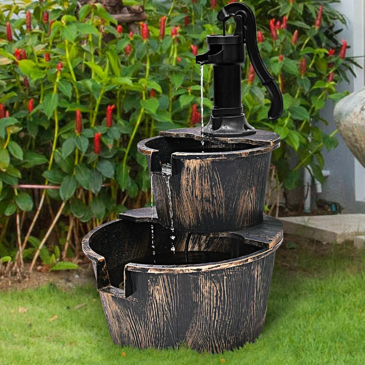 Waterfall Outdoor Barrel Water with Barrel Pump | 2-Tier Garden Fountain Fountain