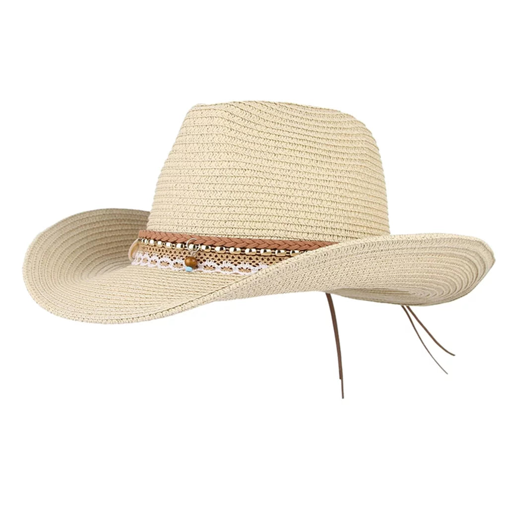 Straw Packable Big Western Hat Style Beige Women Sun Brim Trilby Cowboy Floppy