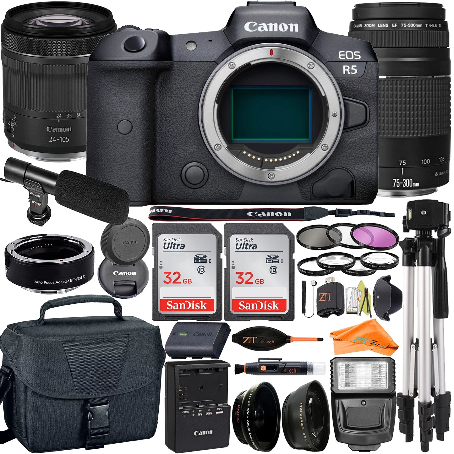 SanDisk + Pack ZeeTech Mount + Canon 2 with + R5 Adapter Accessory Mirrorless Camera 32GB Lens + EOS RF24-105mm 75-300mm