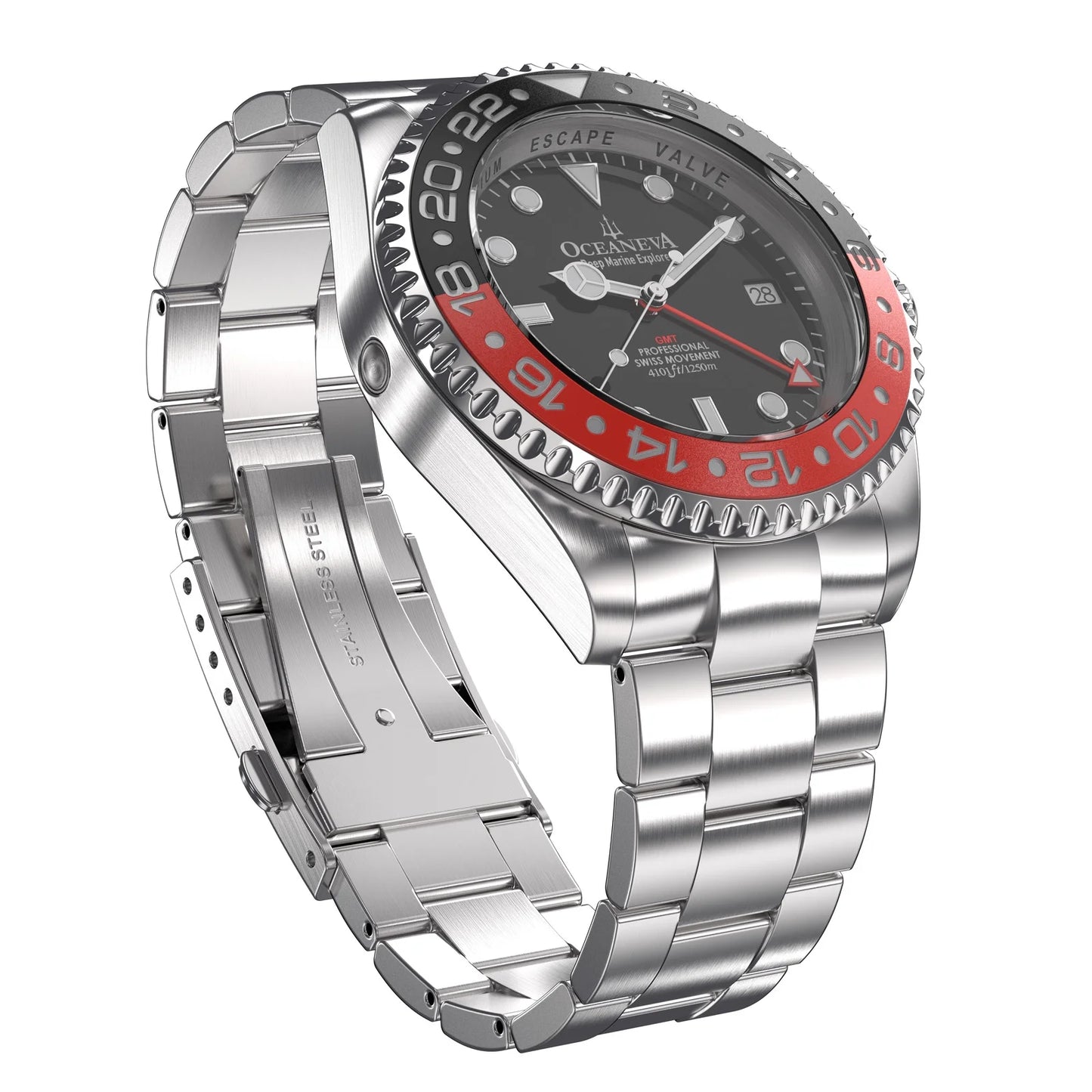 1250M Quartz, Pro Black- Swiss Marine Steel Red Men's Oceaneva™ GMT Explorer Diver Bracelet Movement Deep and Watch Stainless