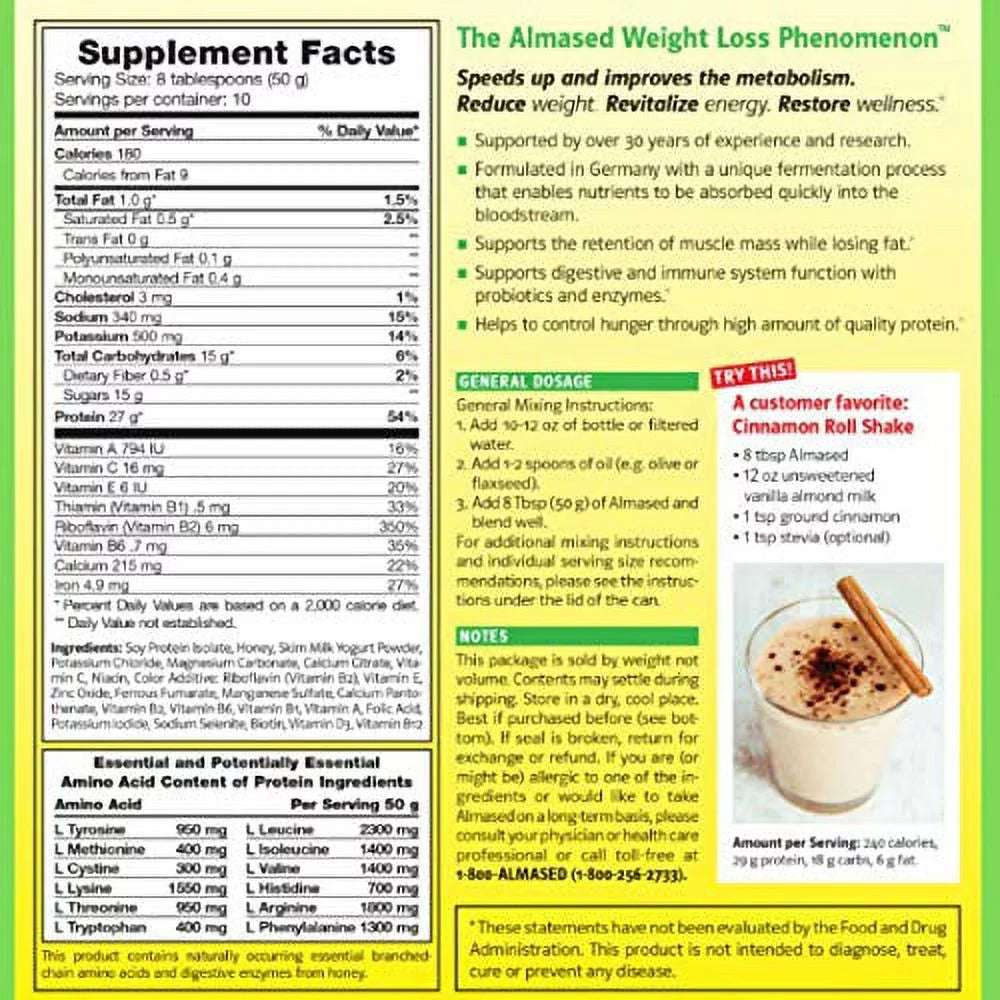 shakes Vanilla – non-GMO – Powder Loss Meal Almased oz Gluten-Free, 17.6 Flavor, Replacement Weight