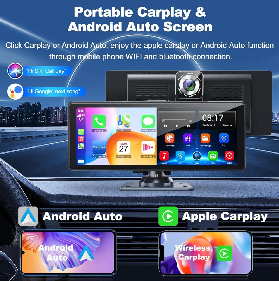 Wireless Inch Back-up with 4K Support Carplay& Car Android Camera Bluetooth/Siri/Google/GPS/Mirror-Link Touchscreen IPS Auto Dashcam and Screen,10.26 HD Portable