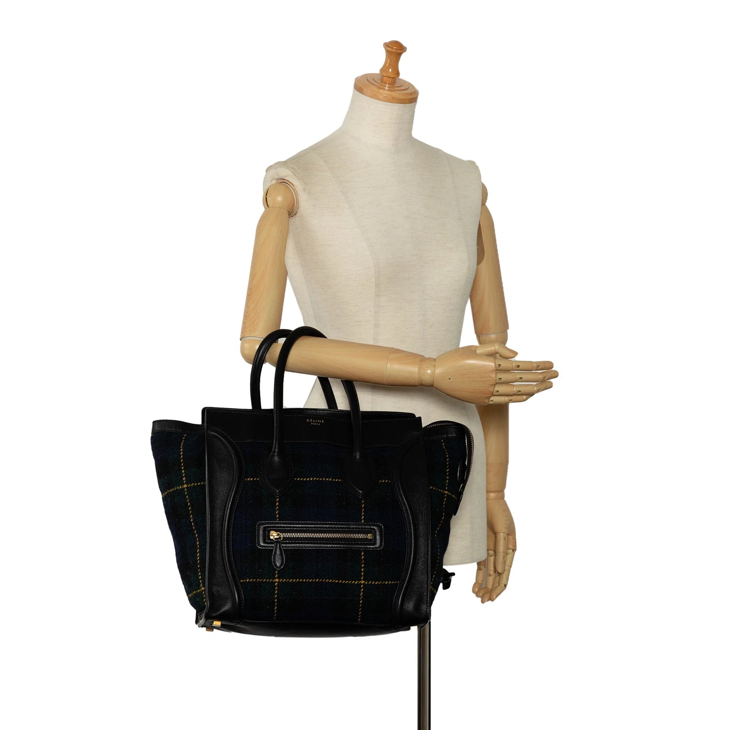 Authenticated Tote Celine Tote Unisex Wool Blue Fabric Tartan Mini (Good) Bag Pre-Owned Luggage