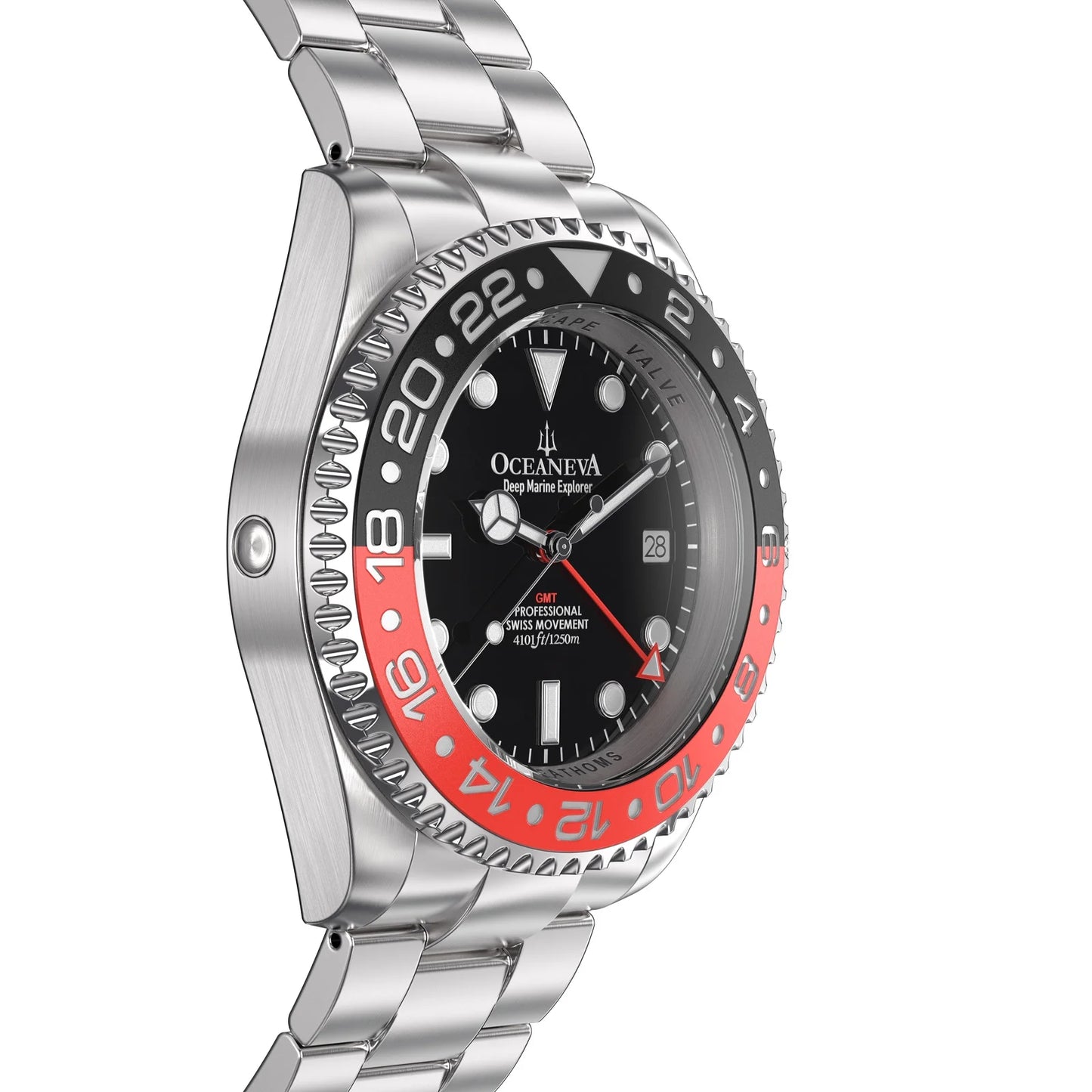 1250M Quartz, Pro Black- Swiss Marine Steel Red Men's Oceaneva™ GMT Explorer Diver Bracelet Movement Deep and Watch Stainless