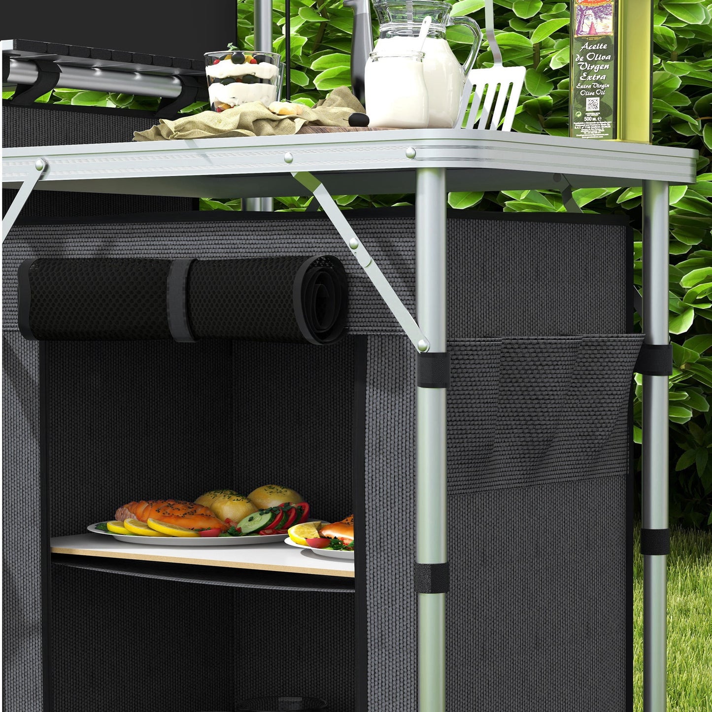 Outsunny Fabric Kitchen Folding Windshield with Cupboards Black Camping