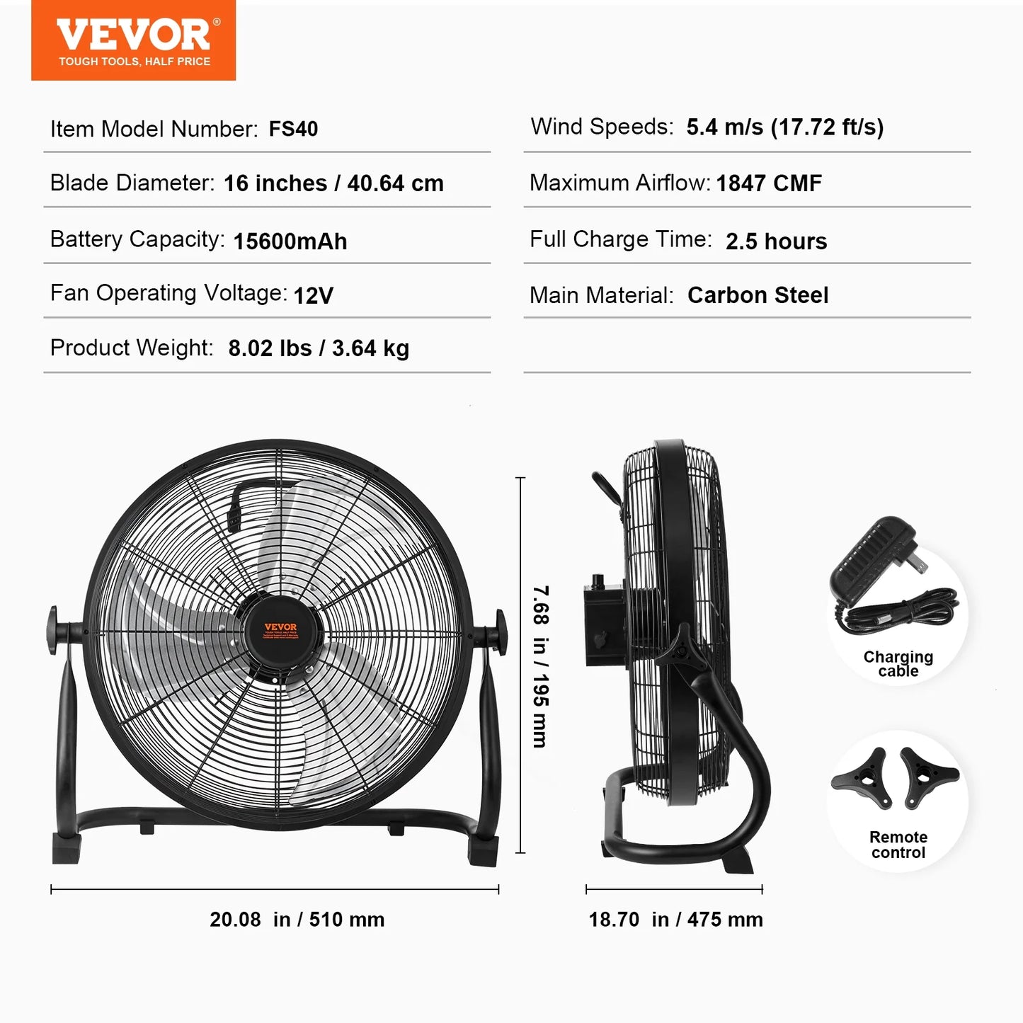 Cordless Fans Variable Tilt Heavy 360 SKYSHALO 16-inch Fan Degree Metal Speed Duty