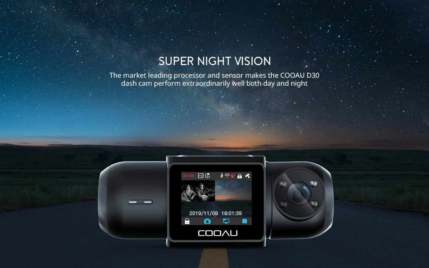 and with Dash Dual LEDsG-Sensor, Wi-Fi Recording (D30) Uber Front IR Cam, GPS Mode, Inside Parking Infrared Sensor, Recorder Loop Built-in Sony 4 Night Vision, Camera FHD Supercapacitor, Car 1080P