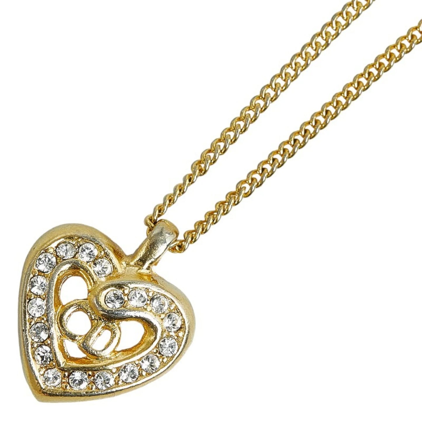 Pre-Owned (Good) Dior Heart Christian CD Plated Dior Rhinestone Gold Women's Necklace